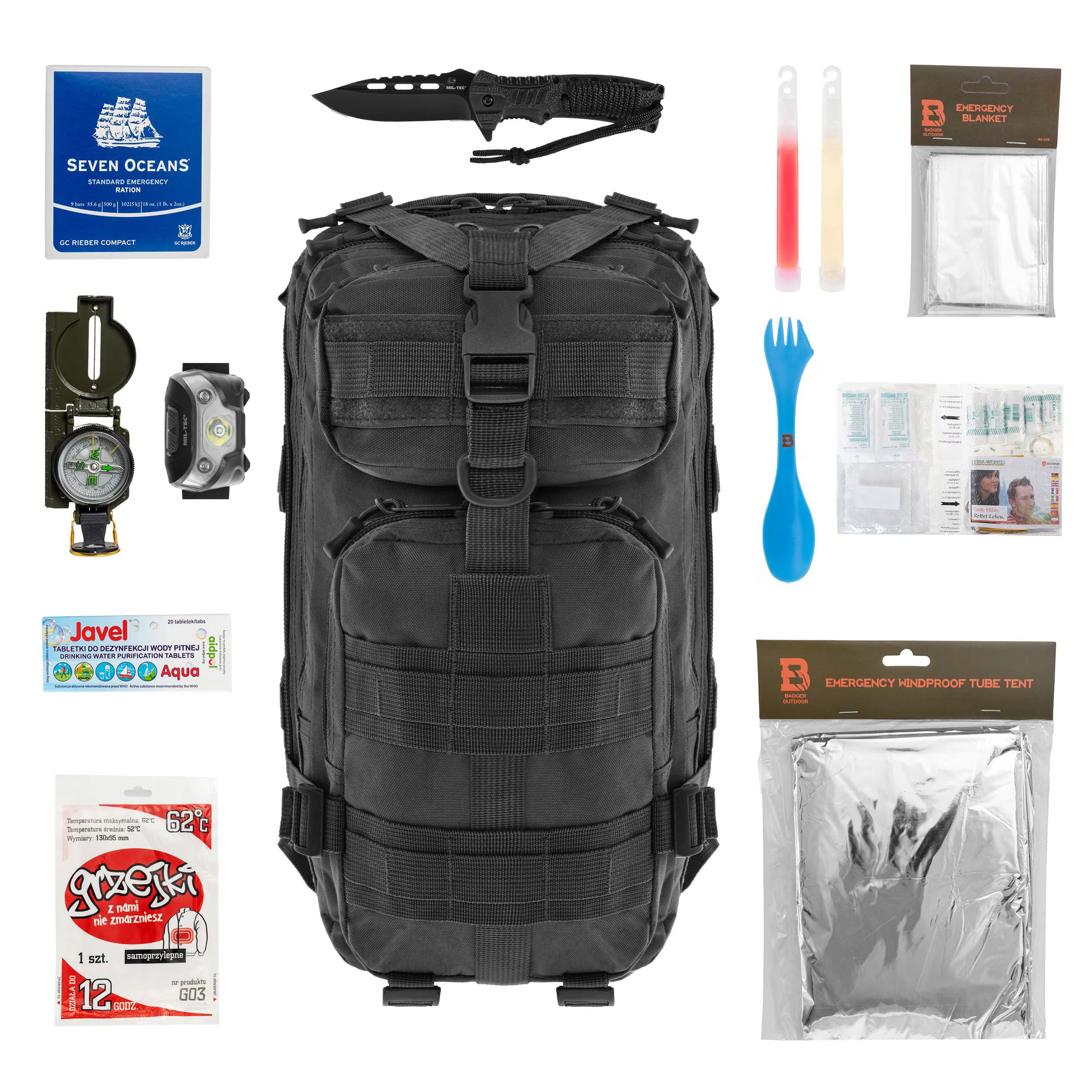 Plecak ewakuacyjny Badger Outdoor Recon 25 l Black - z wyposażeniem